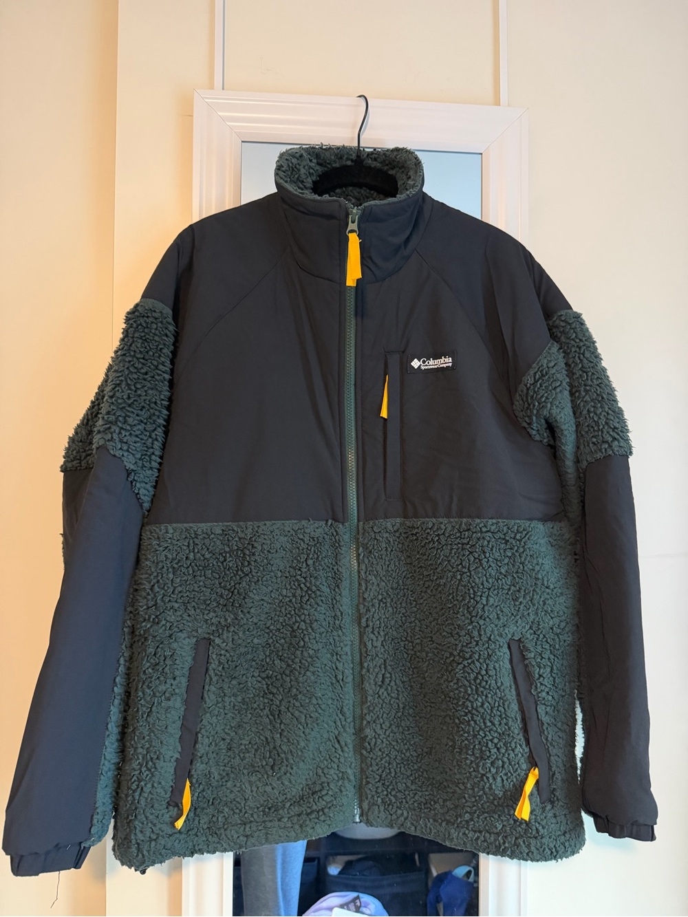 Columbia Men's Dark Green and Black Sherpa Jacket with Yellow Accents